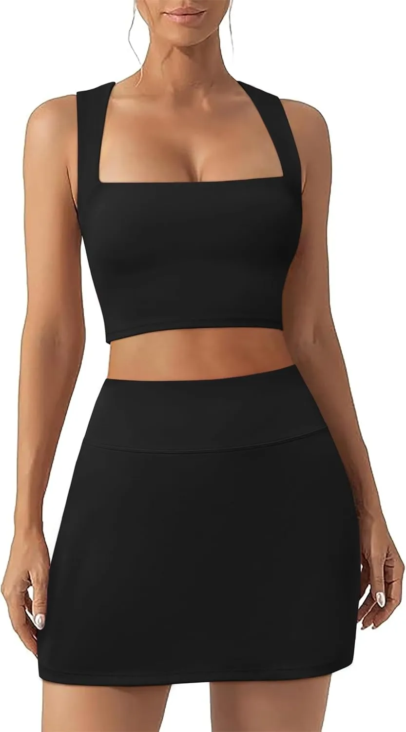 2 Piece Tennis Dresses for Women Mini Skirt Set Athletic Dress Square Neck Top Built in Bra Workout Skort with Pockets