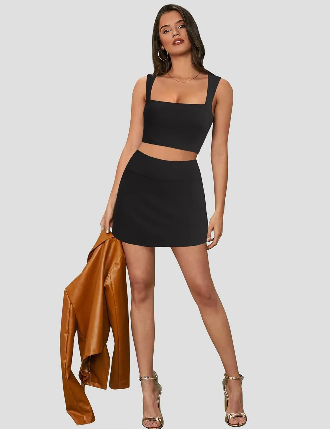 2 Piece Tennis Dresses for Women Mini Skirt Set Athletic Dress Square Neck Top Built in Bra Workout Skort with Pockets