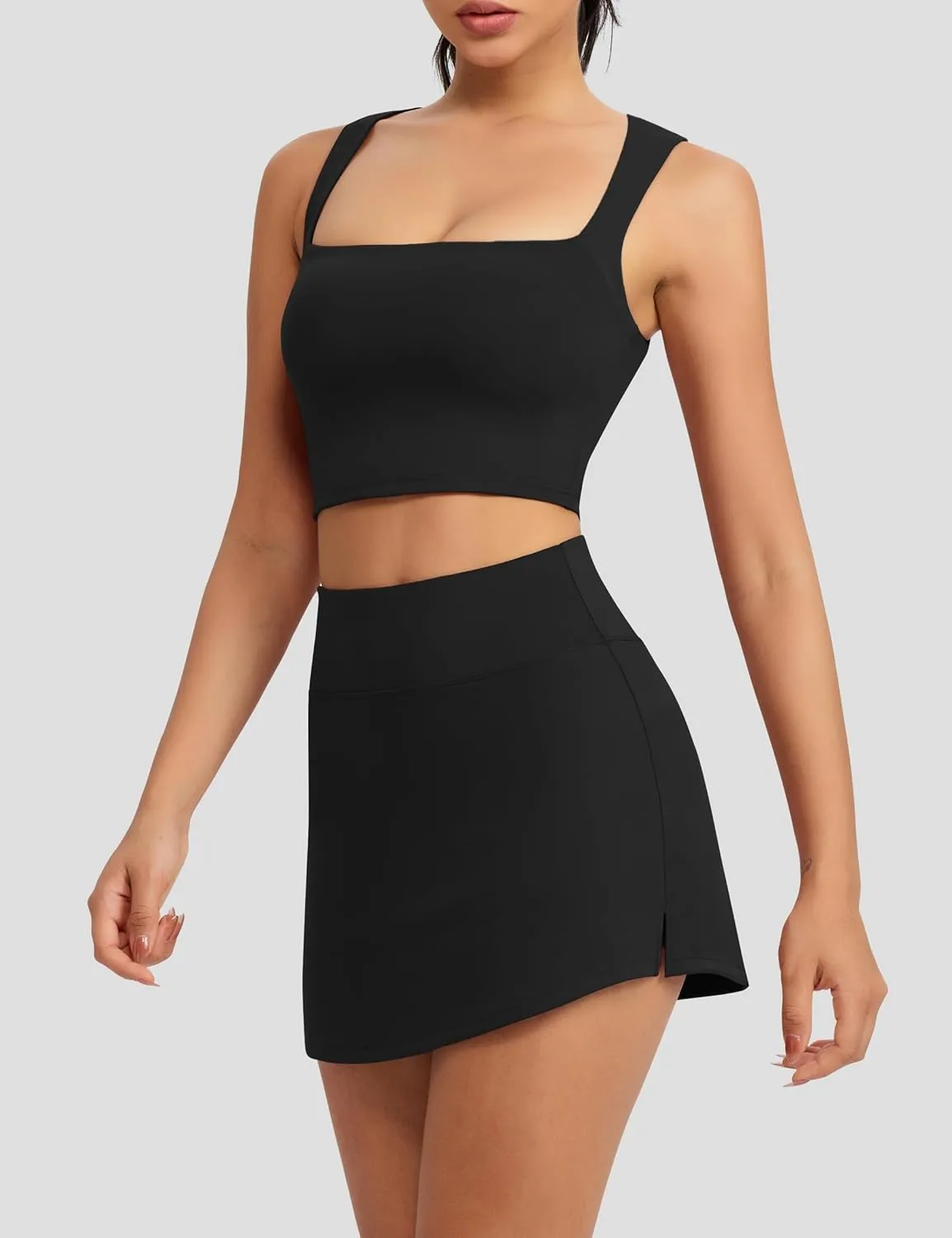 2 Piece Tennis Dresses for Women Mini Skirt Set Athletic Dress Square Neck Top Built in Bra Workout Skort with Pockets