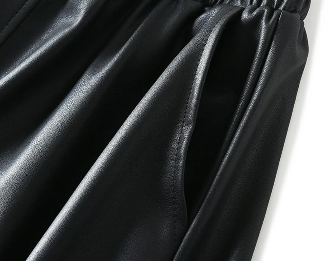 A-line Midi Pleated Skirts Faux Leather Flare Skirt with Pockets