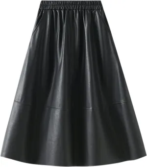 A-line Midi Pleated Skirts Faux Leather Flare Skirt with Pockets