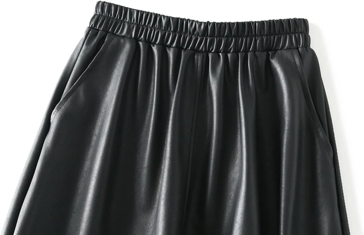 A-line Midi Pleated Skirts Faux Leather Flare Skirt with Pockets
