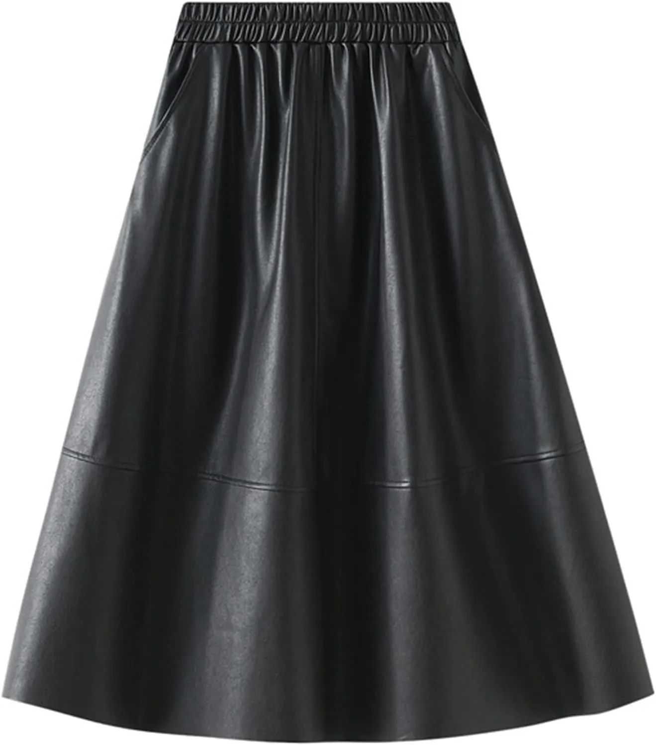 A-line Midi Pleated Skirts Faux Leather Flare Skirt with Pockets