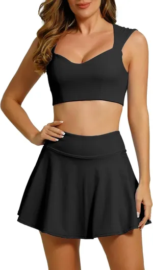 ABOCIW Women's Tennis Skirt Sets Sweatheart Neck Sports Bra High Waist Pleated Tennis Skirts Workout Golf Outfits