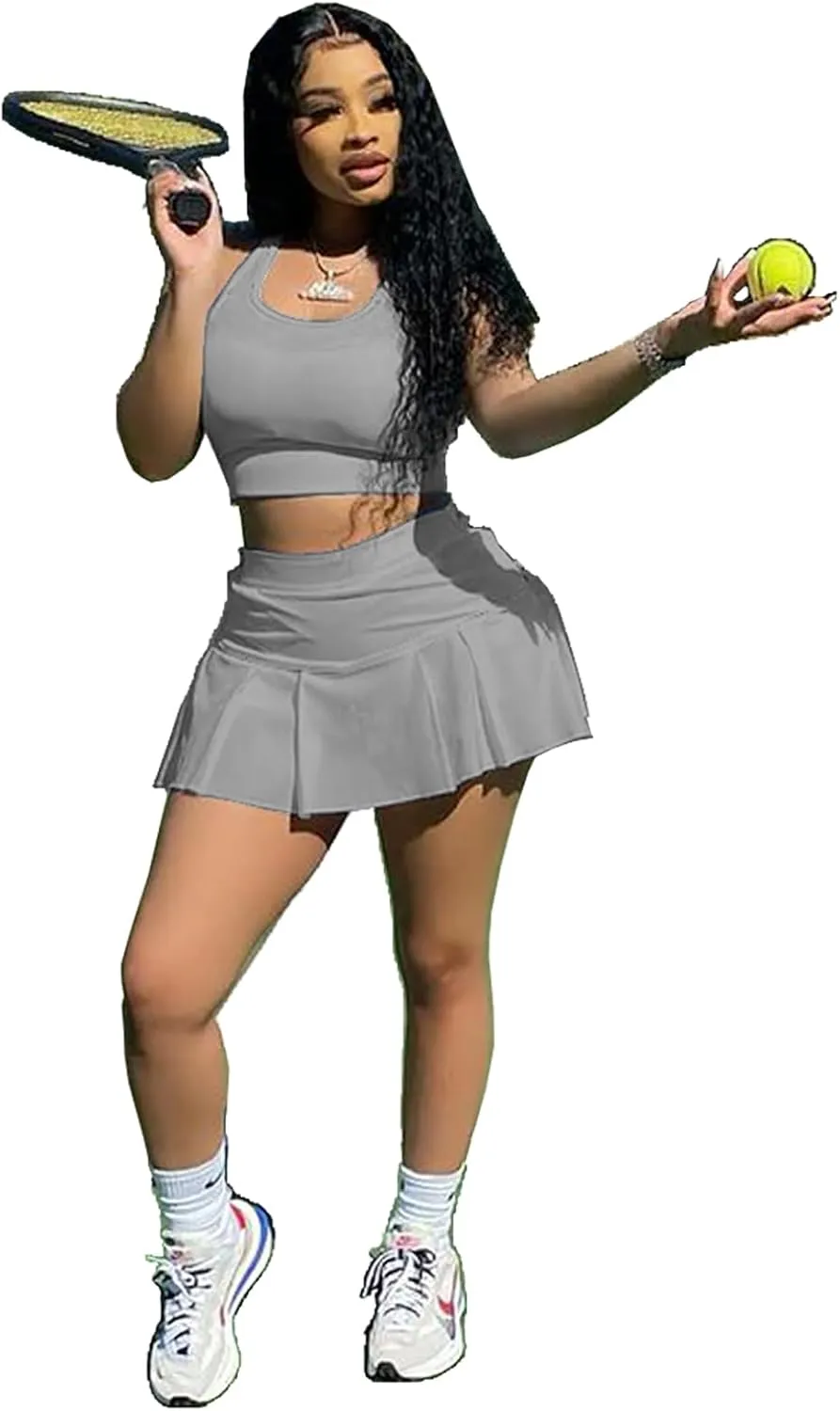 Adogirl Women Tennis Skirt Sets 2 Piece Outfits Casual Tank Crop Top Pleated Mini Dress Golf Athletic Sport Workout Outfits