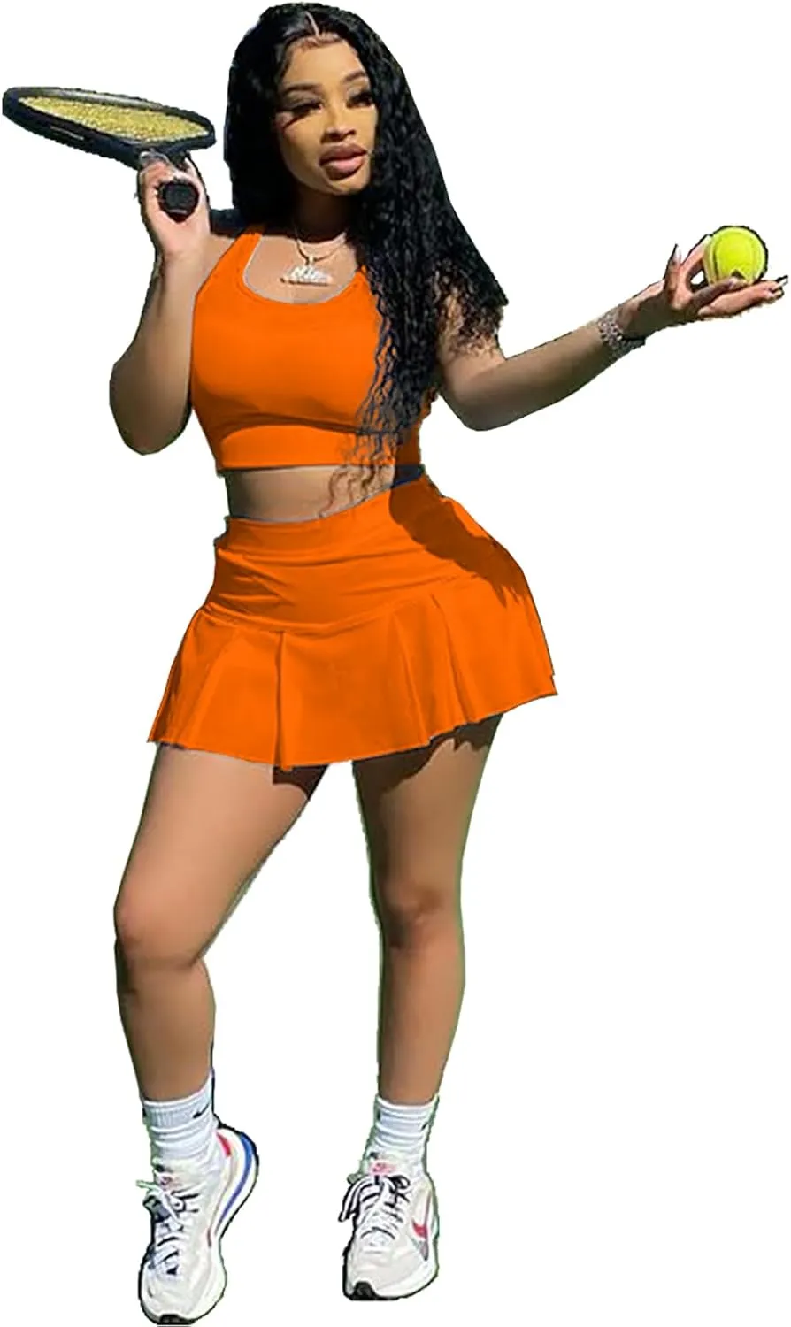 Adogirl Women Tennis Skirt Sets 2 Piece Outfits Casual Tank Crop Top Pleated Mini Dress Golf Athletic Sport Workout Outfits