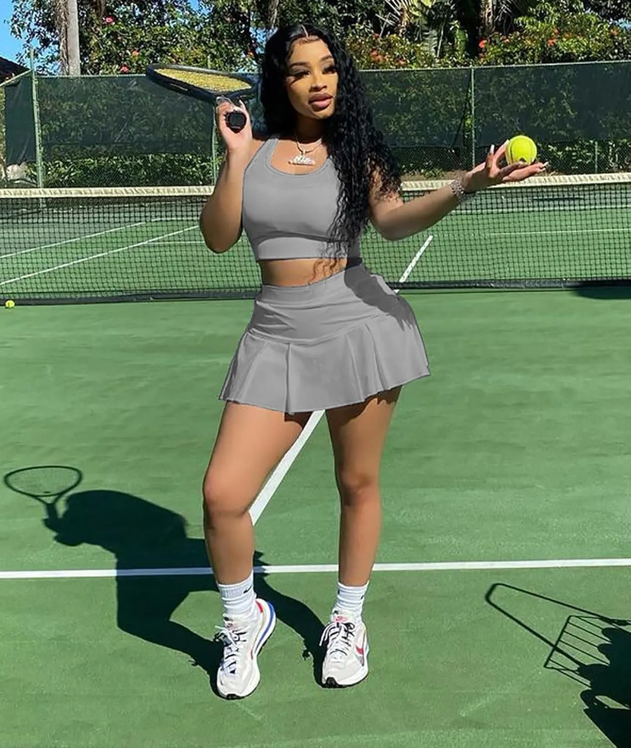 Adogirl Women Tennis Skirt Sets 2 Piece Outfits Casual Tank Crop Top Pleated Mini Dress Golf Athletic Sport Workout Outfits