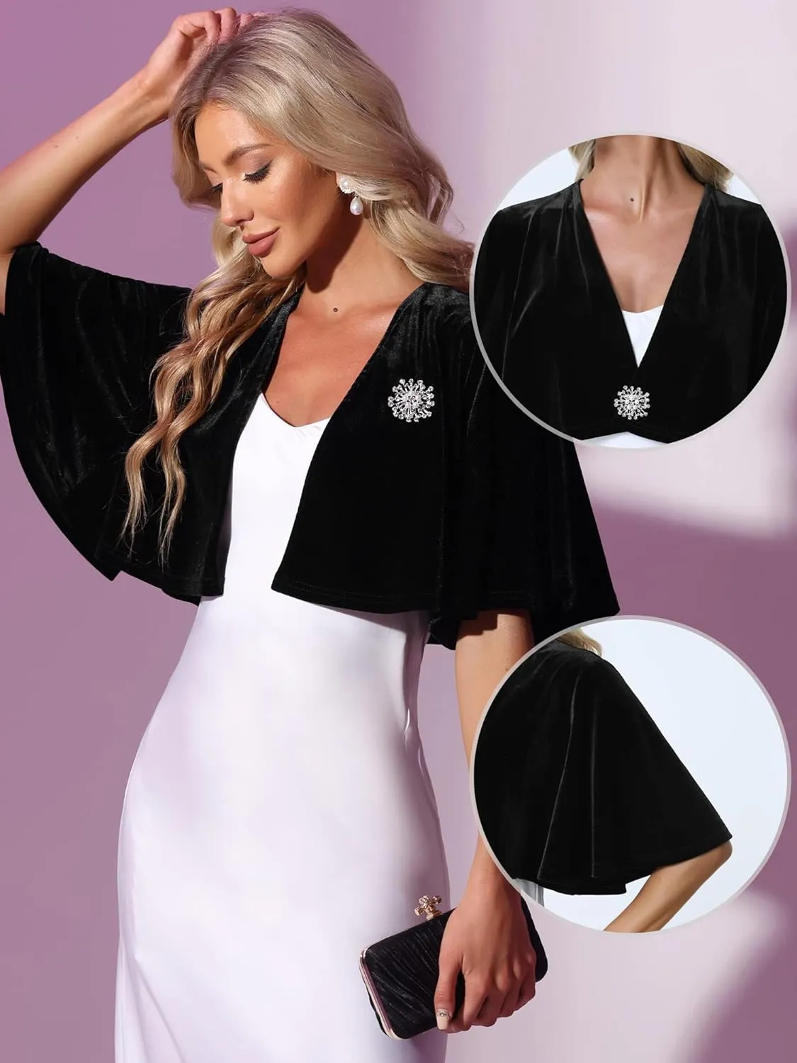 Allegra K Velvet Cardigan for Women's Cocktail Party Bell Sleeve Open Front Cropped Shrug Bolero