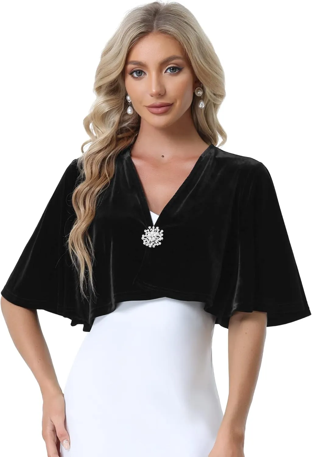 Allegra K Velvet Cardigan for Women's Cocktail Party Bell Sleeve Open Front Cropped Shrug Bolero