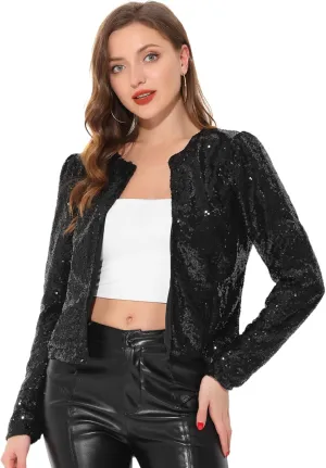 Allegra K Women's Crop Open Front Blazer Long Sleeve Christmas Sparkly Sequin Jacket