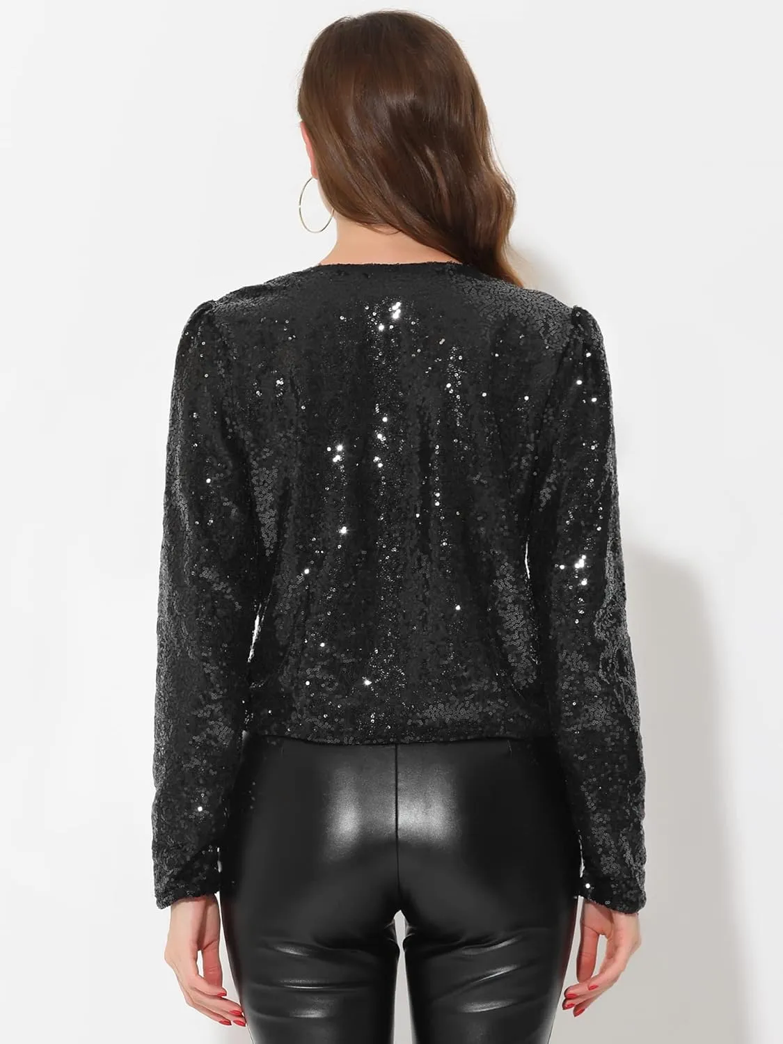Allegra K Women's Crop Open Front Blazer Long Sleeve Christmas Sparkly Sequin Jacket