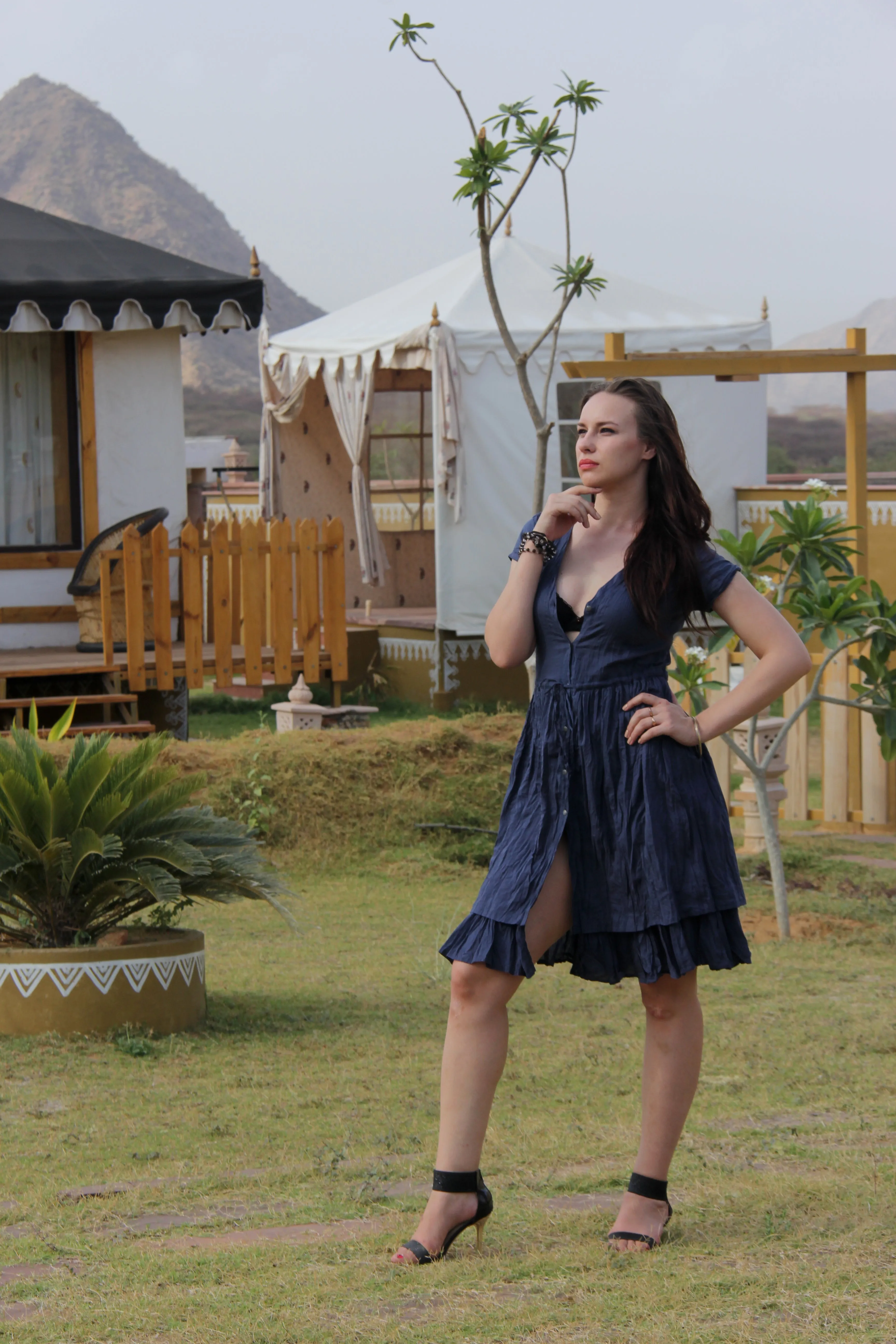 Aubree Cotton blue Mini Dress in deep V neckline