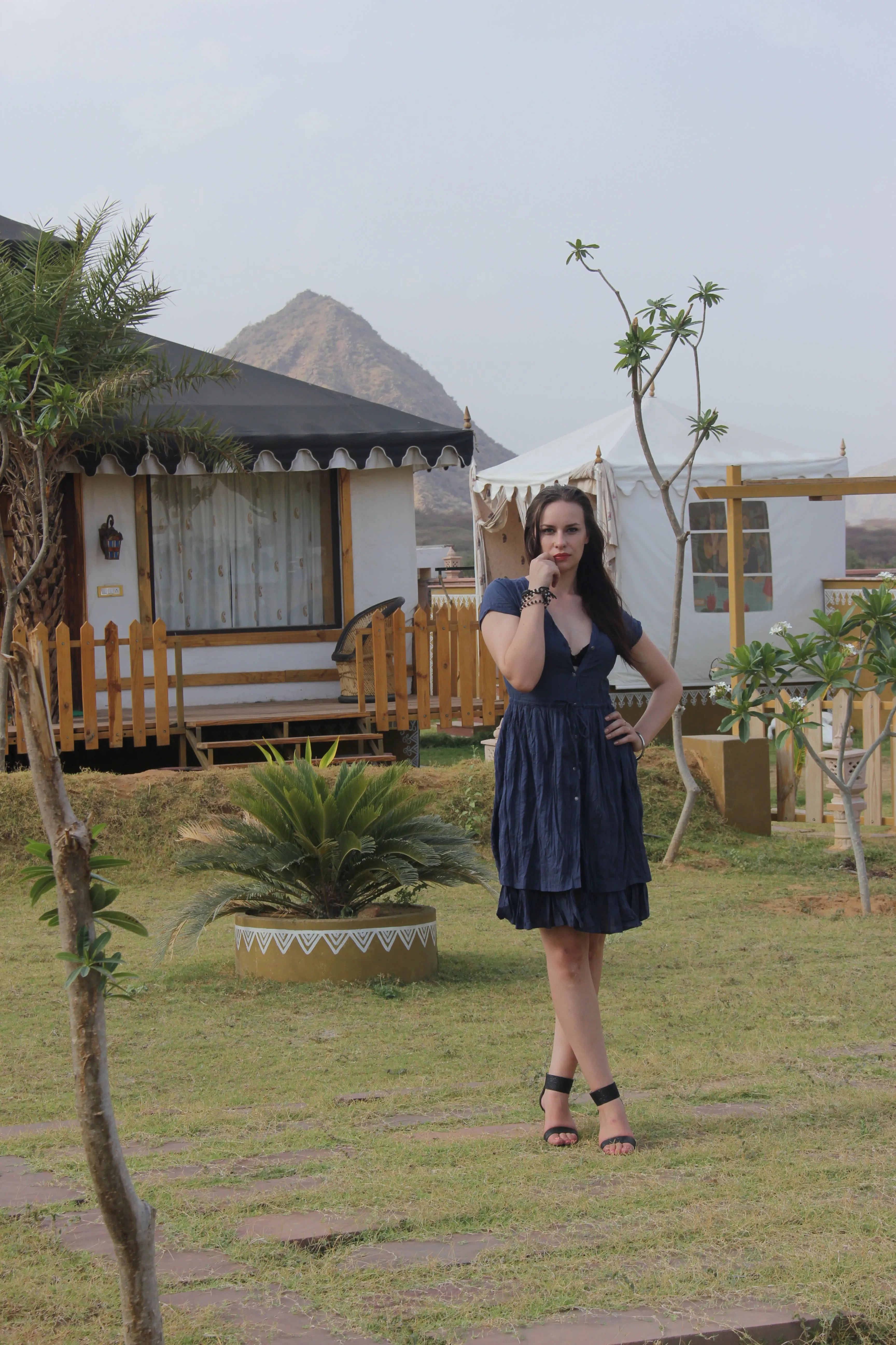 Aubree Cotton blue Mini Dress in deep V neckline