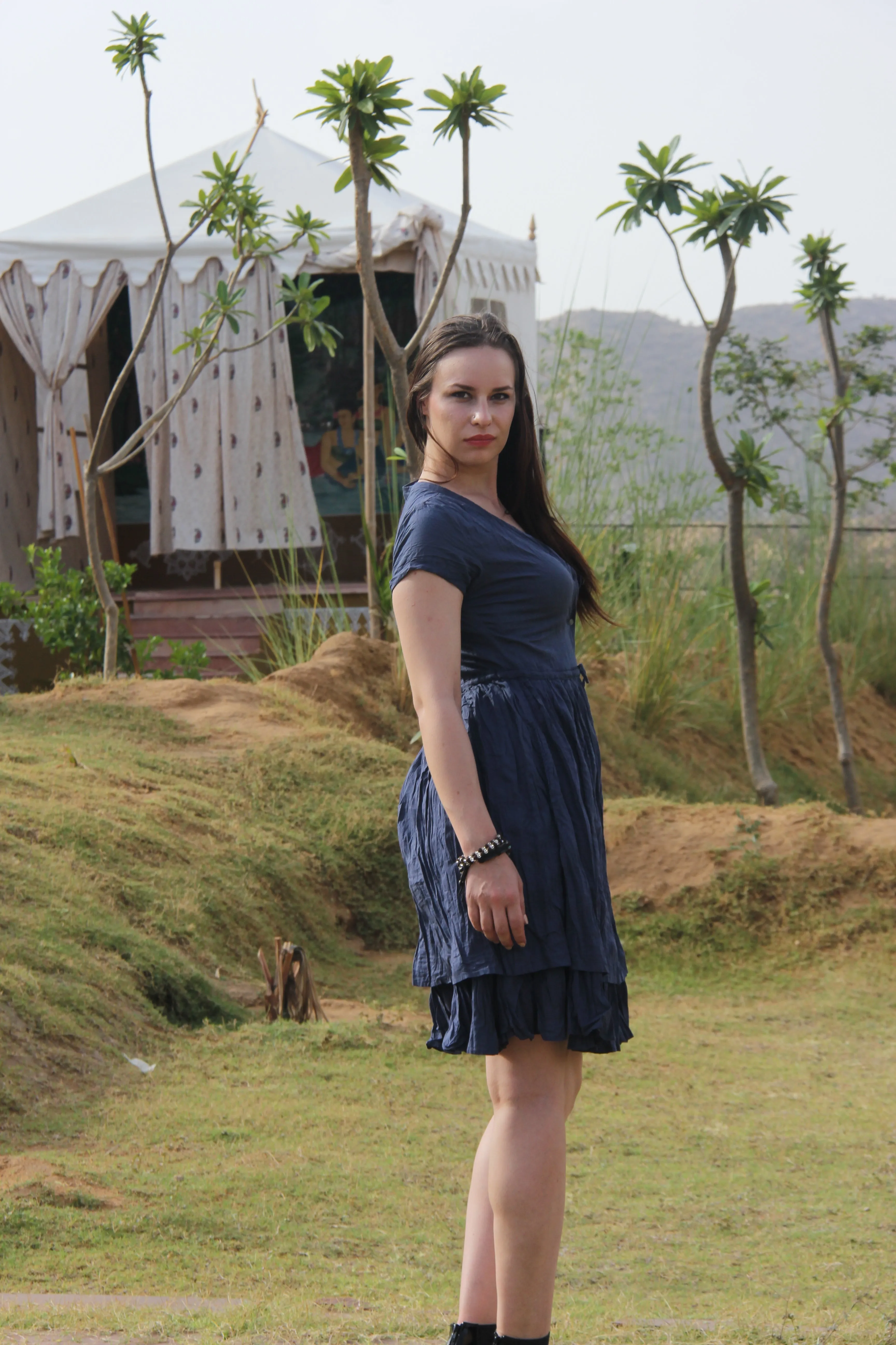 Aubree Cotton blue Mini Dress in deep V neckline
