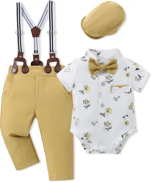 Baby Boy Clothes Suits 3-24M Infant Gentleman Outfits, Short Sleeve Shirt Bowtie Beret Suspender Pants Clothing Set