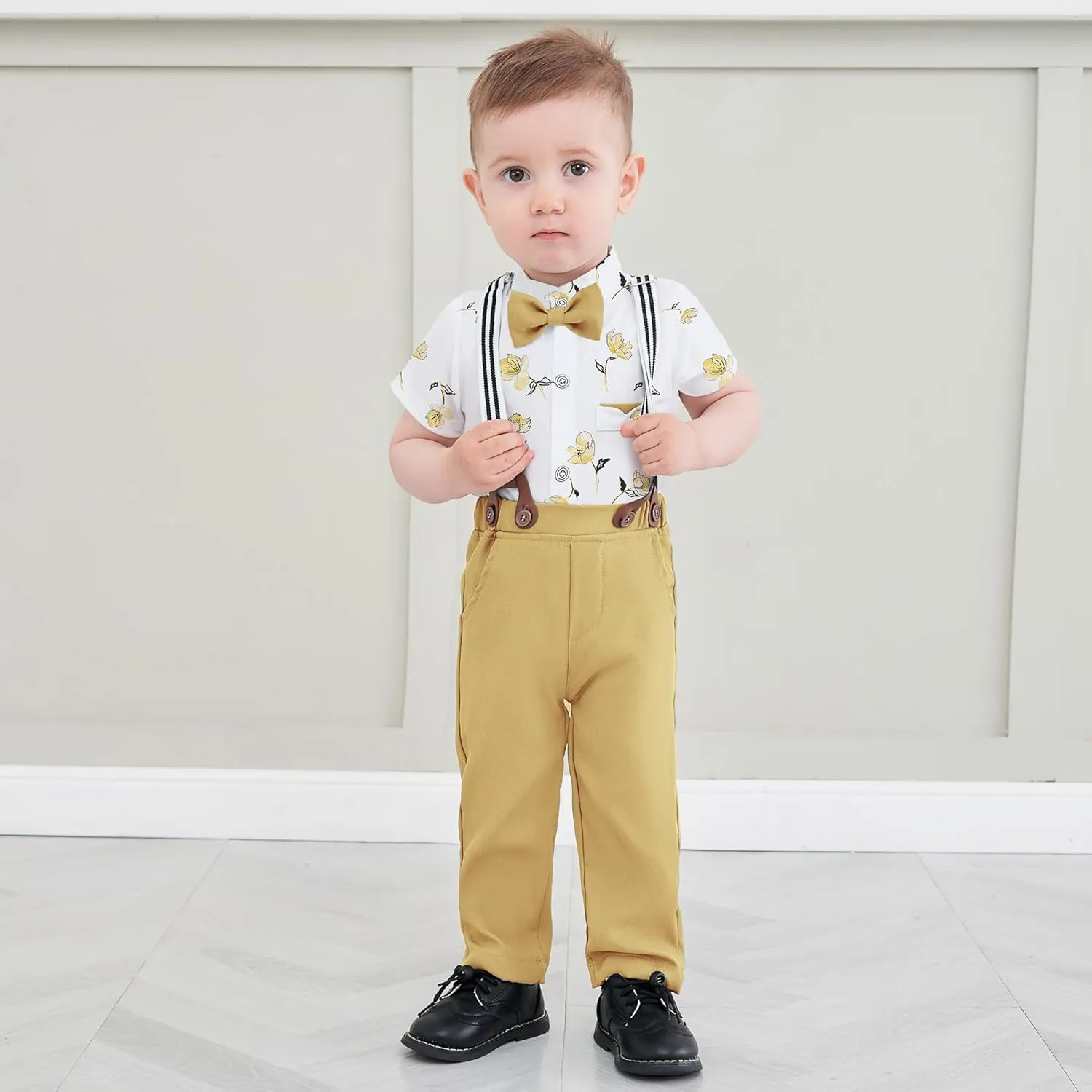 Baby Boy Clothes Suits 3-24M Infant Gentleman Outfits, Short Sleeve Shirt Bowtie Beret Suspender Pants Clothing Set