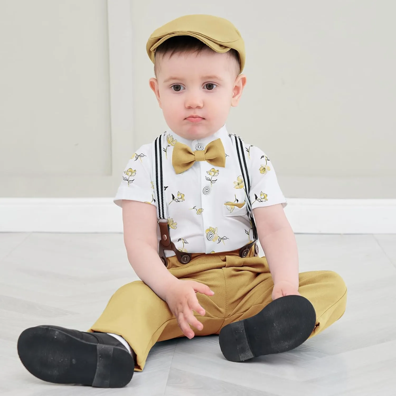 Baby Boy Clothes Suits 3-24M Infant Gentleman Outfits, Short Sleeve Shirt Bowtie Beret Suspender Pants Clothing Set