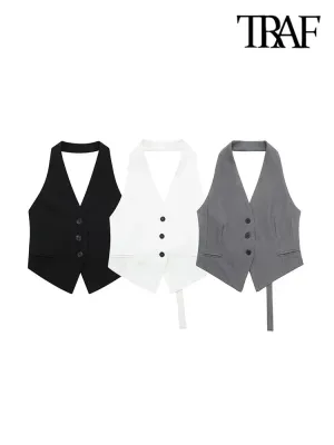 Back To School Joskaa TRAF Women Fashion Backless Halter Neck Waistcoat Sexy Sleeveless Button-up Female Outerwear Chic Vest Tops