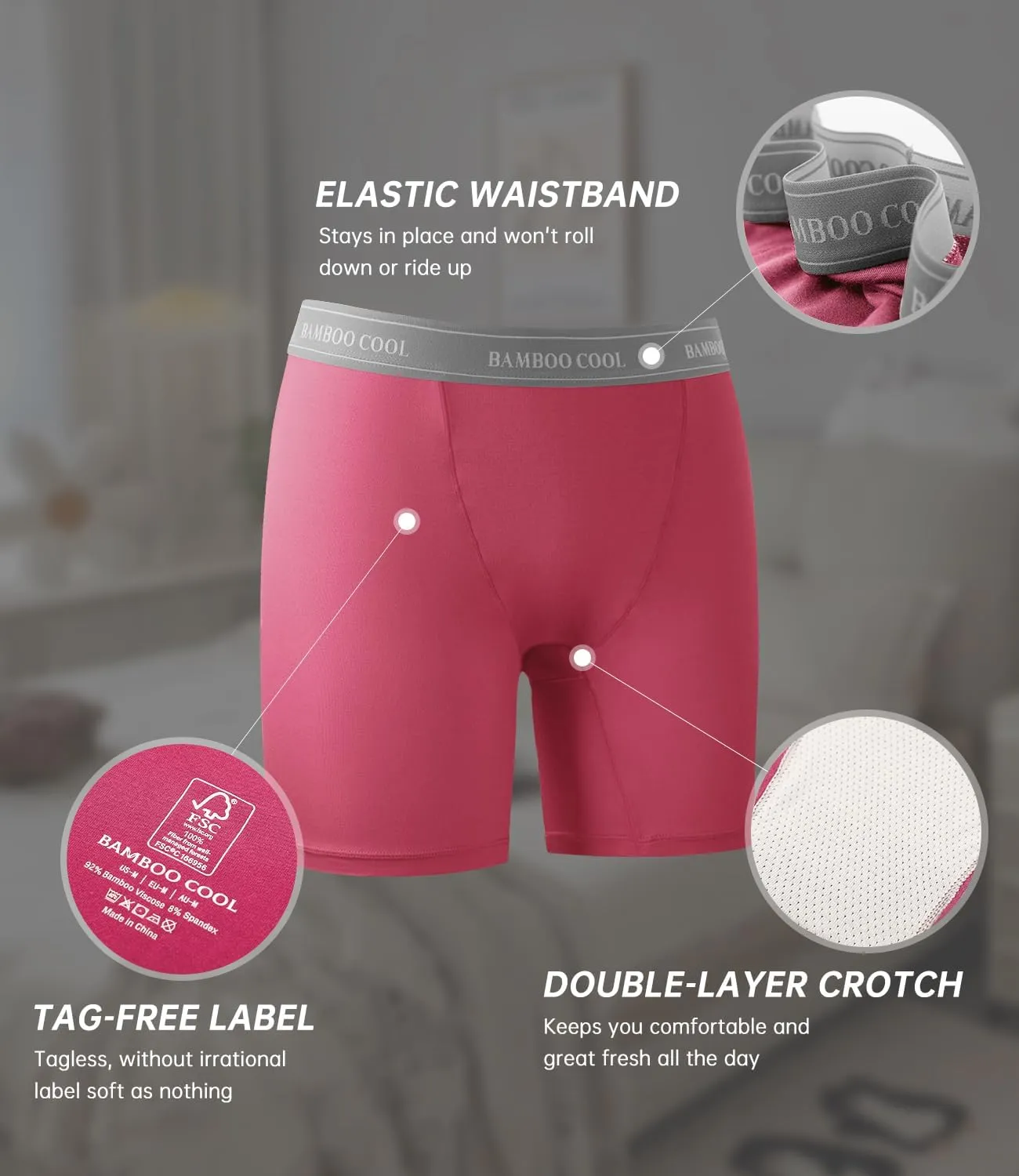 BAMBOO COOL Womens Boxer Briefs Boy Shorts Underwear Soft Stretch Panties for Women, 5-Pack