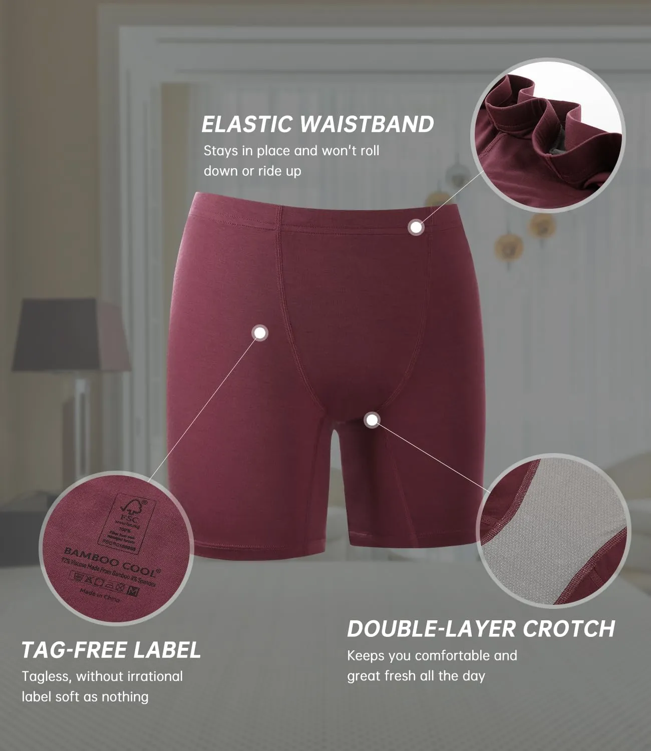 BAMBOO COOL Womens Boxer Briefs Underwear Boy Shorts Soft Stretch Panties for Women, 4 Packs