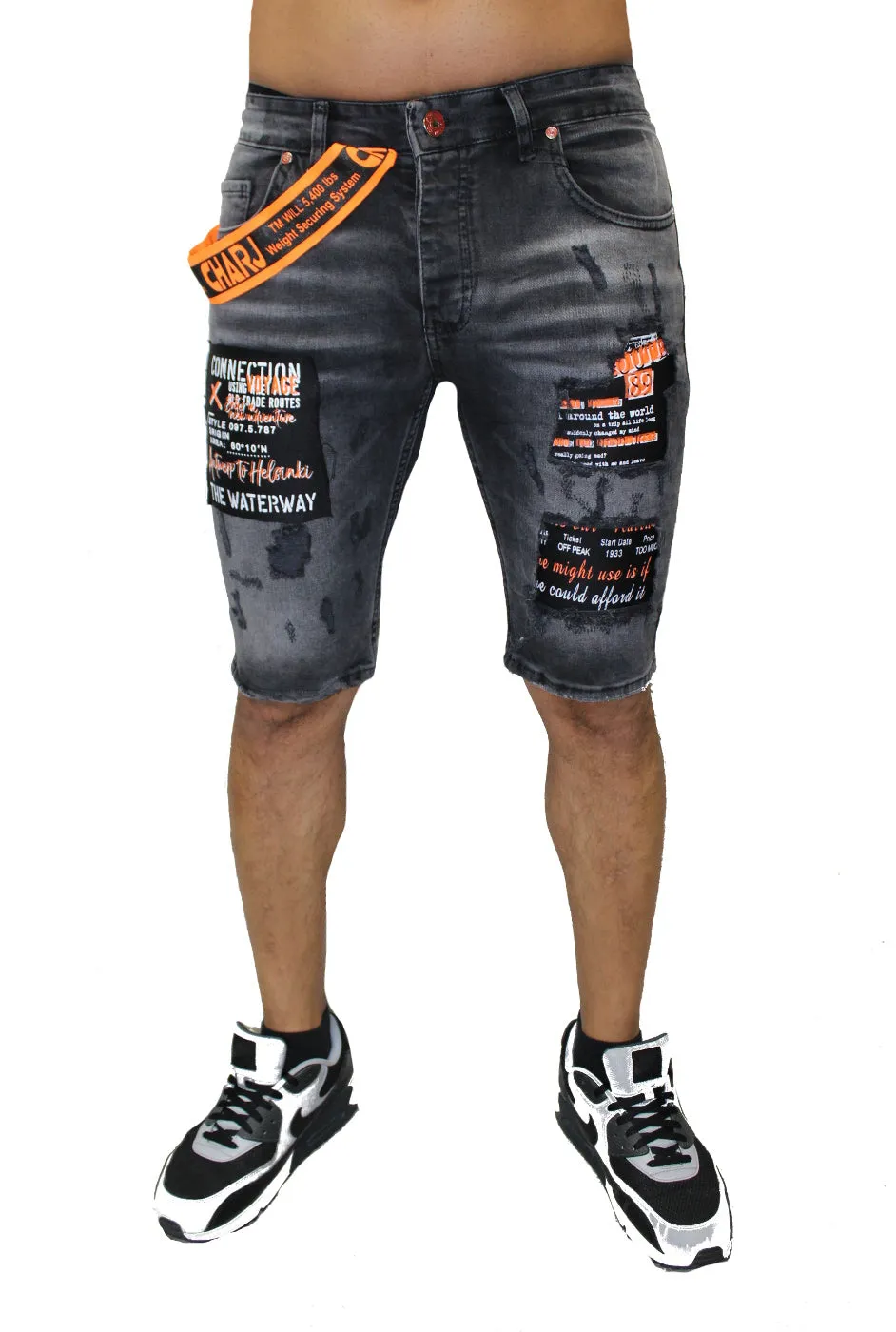 Black Washed Distress Denim Shorts With Side Suspenders