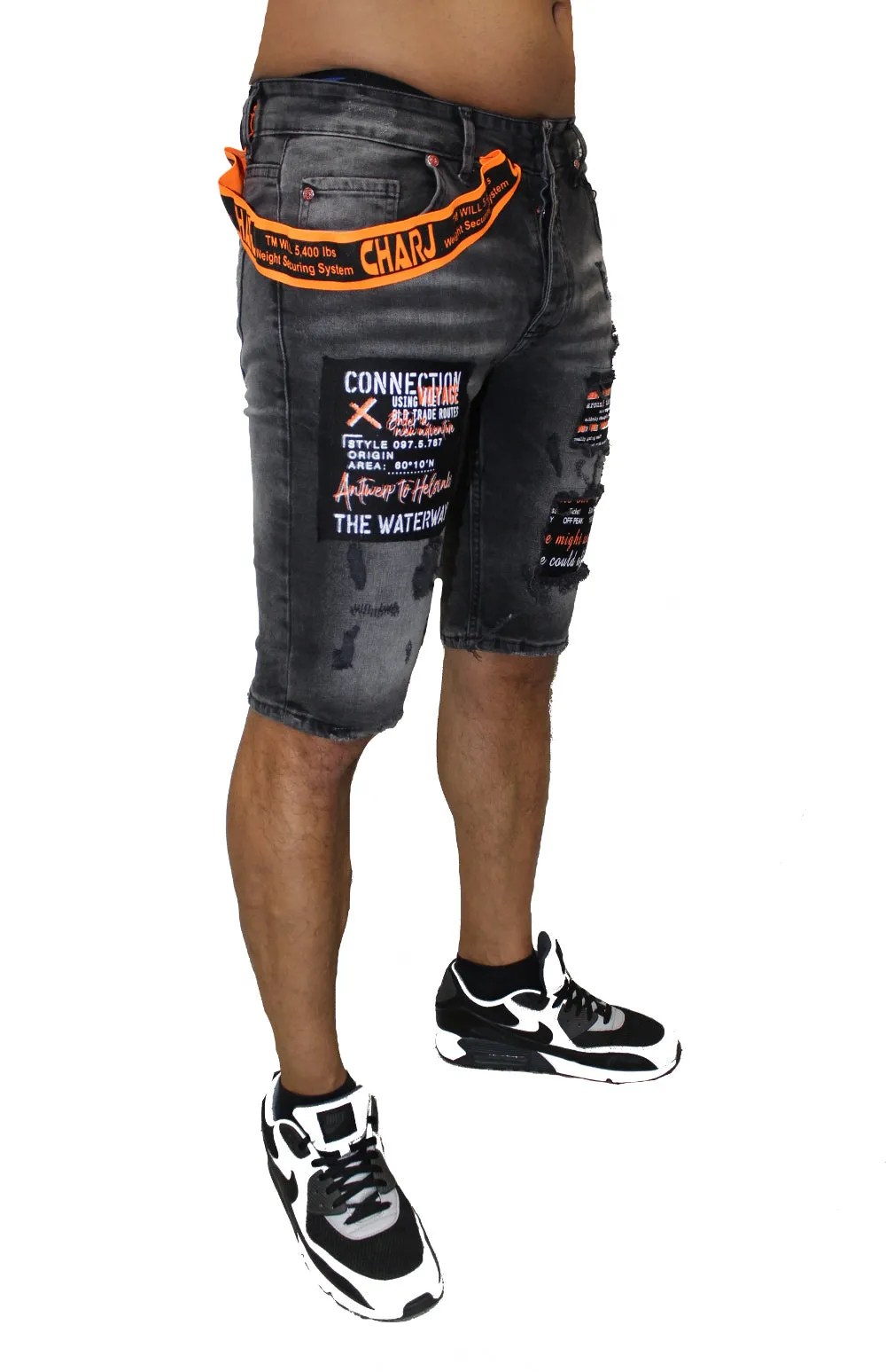 Black Washed Distress Denim Shorts With Side Suspenders