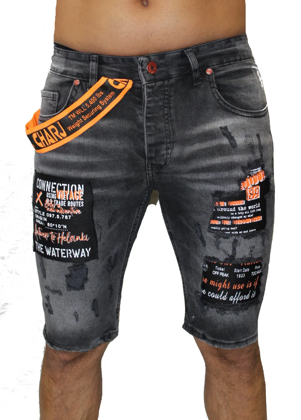 Black Washed Distress Denim Shorts With Side Suspenders