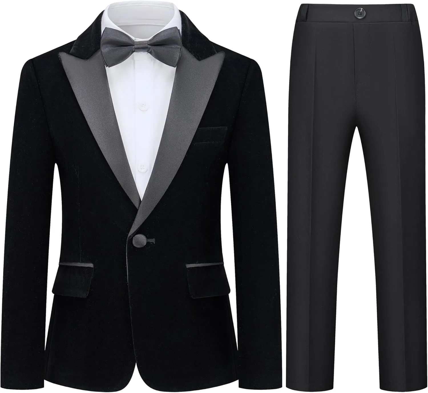 Boys Tuxedo Suit Slim Fit 3 Piece Velvet Tux Blazer Jacket Pants Bow Tie Toddler Kids Wedding Formal Outfit Set