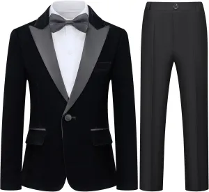 Boys Tuxedo Suit Slim Fit 3 Piece Velvet Tux Blazer Jacket Pants Bow Tie Toddler Kids Wedding Formal Outfit Set