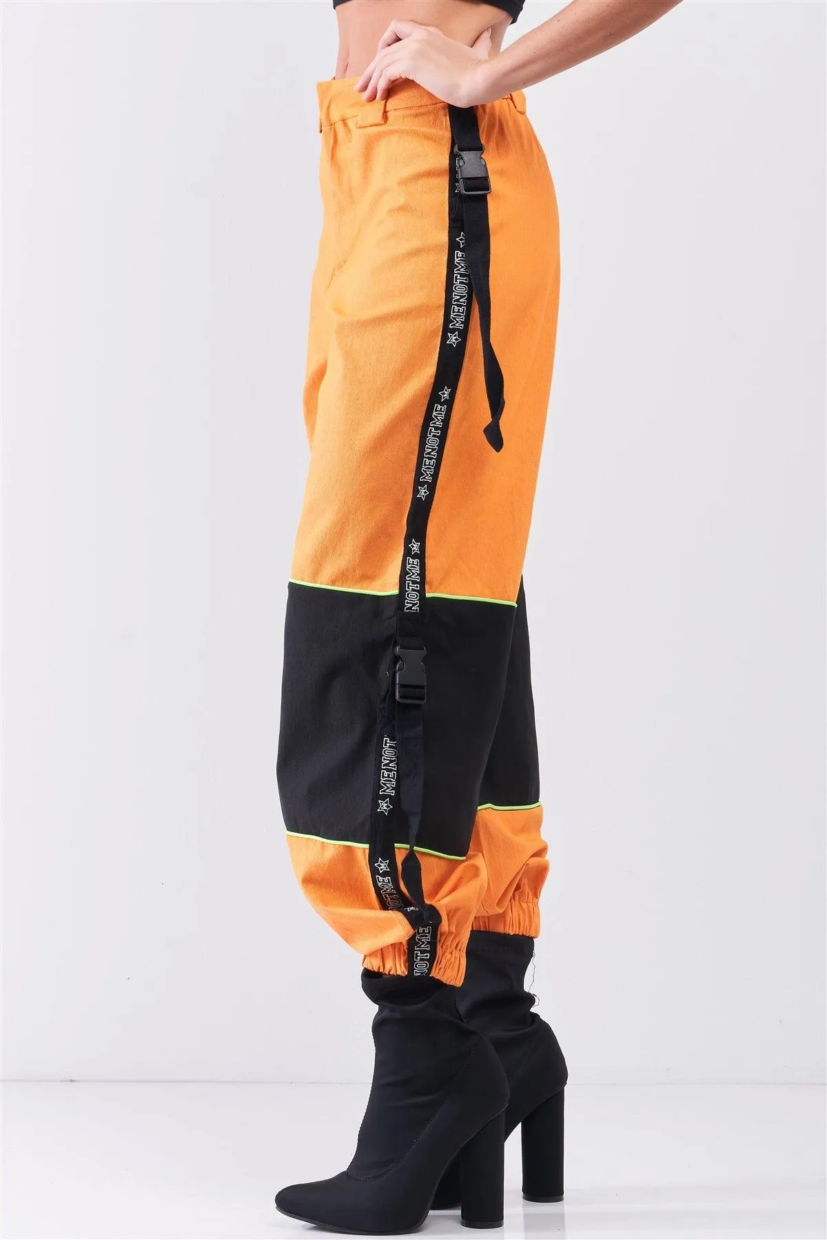 Bright Orange High Waist Print Side Trim Utility Buckle Detail Parachute Racetrack Cargo Pants /1-2-2