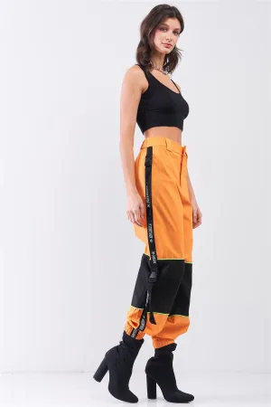 Bright Orange High Waist Print Side Trim Utility Buckle Detail Parachute Racetrack Cargo Pants /1-2-2