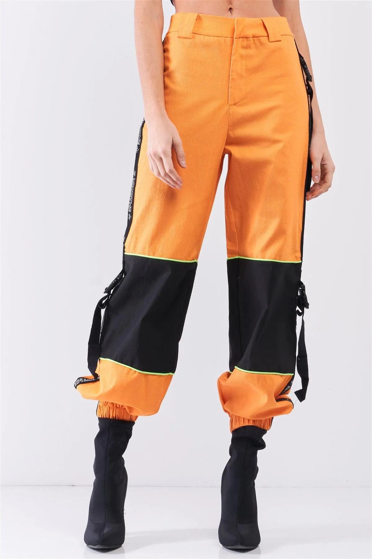 Bright Orange High Waist Print Side Trim Utility Buckle Detail Parachute Racetrack Cargo Pants /1-2-2