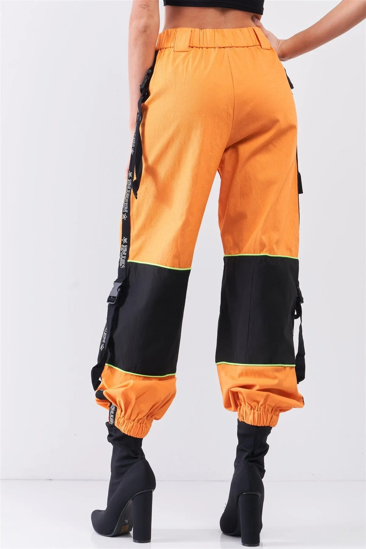Bright Orange High Waist Print Side Trim Utility Buckle Detail Parachute Racetrack Cargo Pants /1-2-2