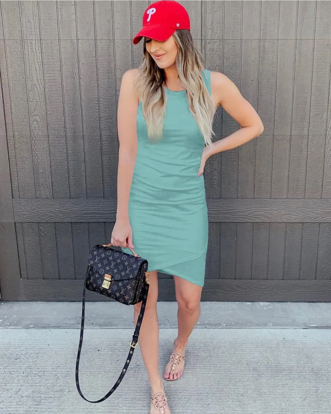 BTFBM Women 2025 Summer Sleeveless Tank Dresses Crew Neck Slim Fit Short Casual Ruched Bodycon Party Club Mini Dress