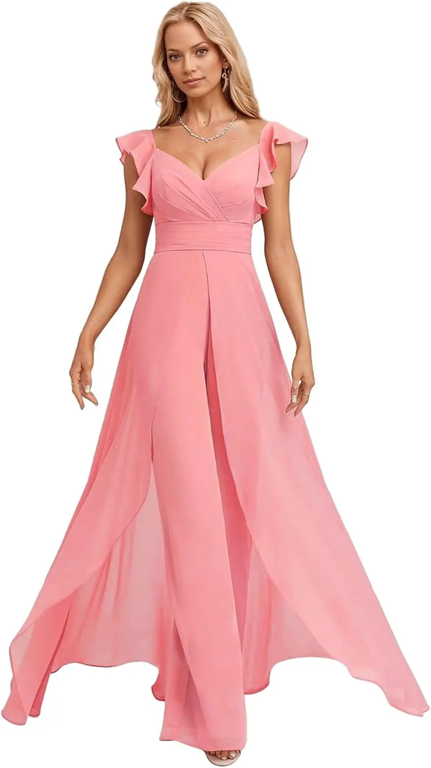 Chiffon Bridesmaid Jumpsuit for Women V Neck Elegant Wedding Guest Jumpsuit Pleated Formal Outfit