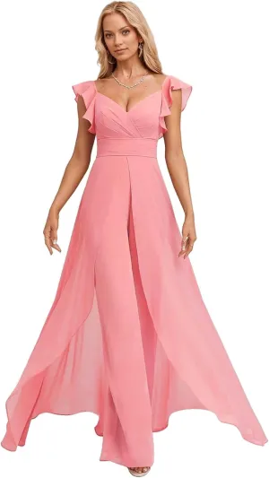 Chiffon Bridesmaid Jumpsuit for Women V Neck Elegant Wedding Guest Jumpsuit Pleated Formal Outfit