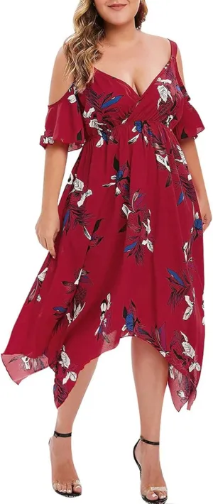 Chiffon for Women Spaghetti Strap Short Sleeve Cold Shoulder Floral Midi Beach Hawaiian Dresses Women 2024