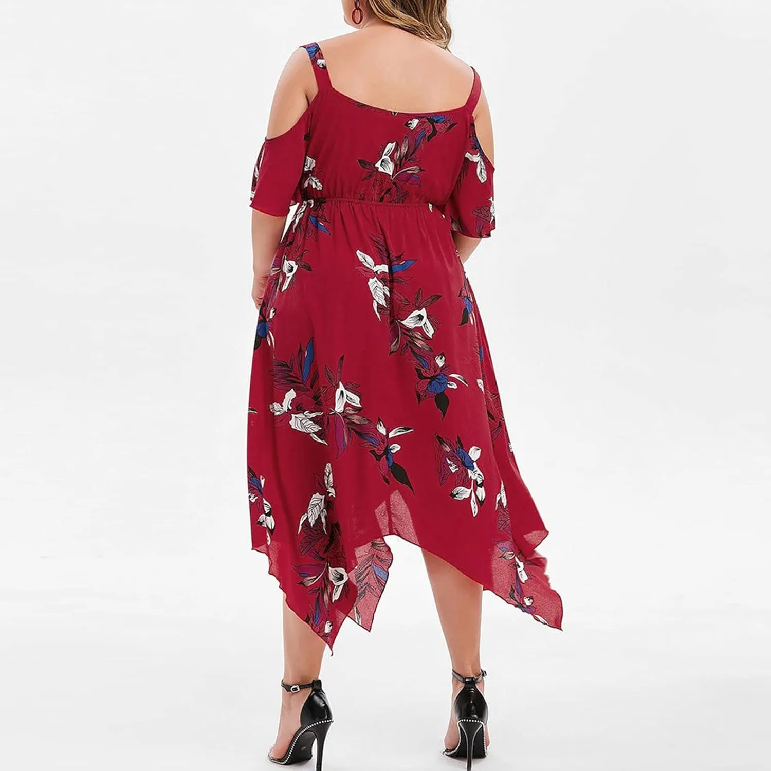 Chiffon for Women Spaghetti Strap Short Sleeve Cold Shoulder Floral Midi Beach Hawaiian Dresses Women 2024