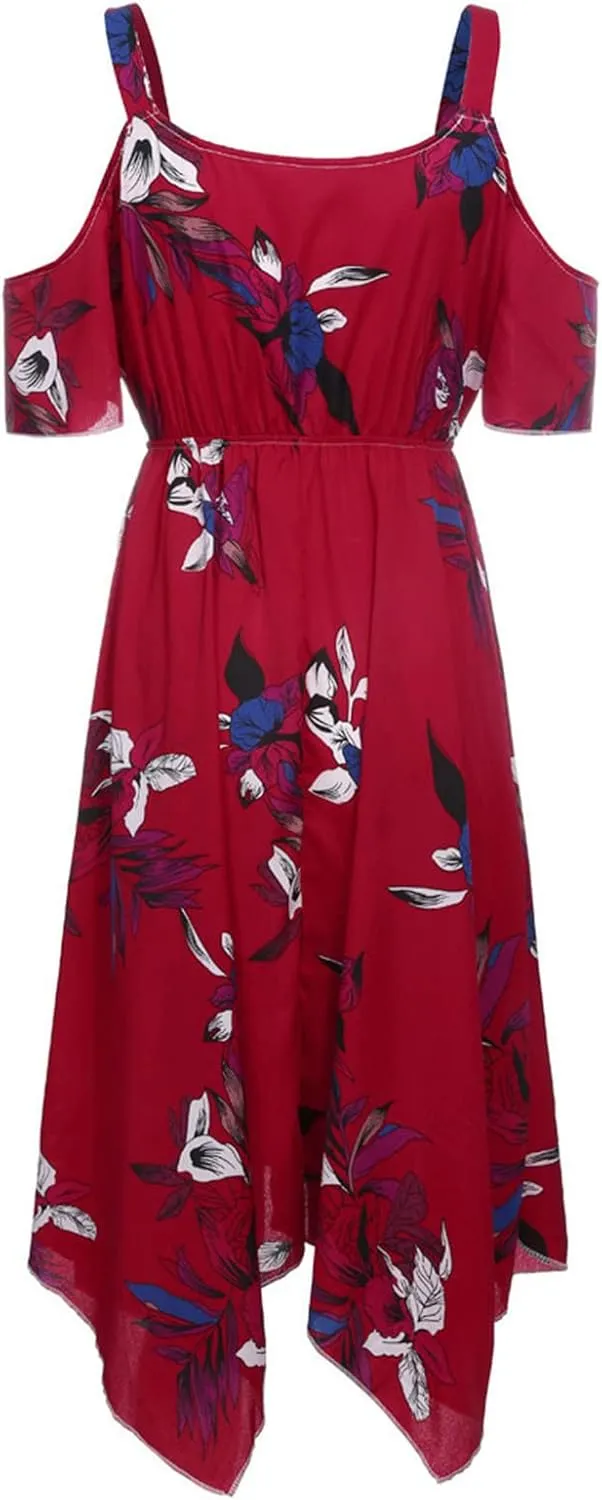 Chiffon for Women Spaghetti Strap Short Sleeve Cold Shoulder Floral Midi Beach Hawaiian Dresses Women 2024