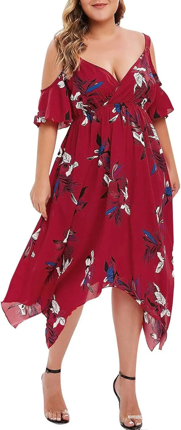 Chiffon for Women Spaghetti Strap Short Sleeve Cold Shoulder Floral Midi Beach Hawaiian Dresses Women 2024