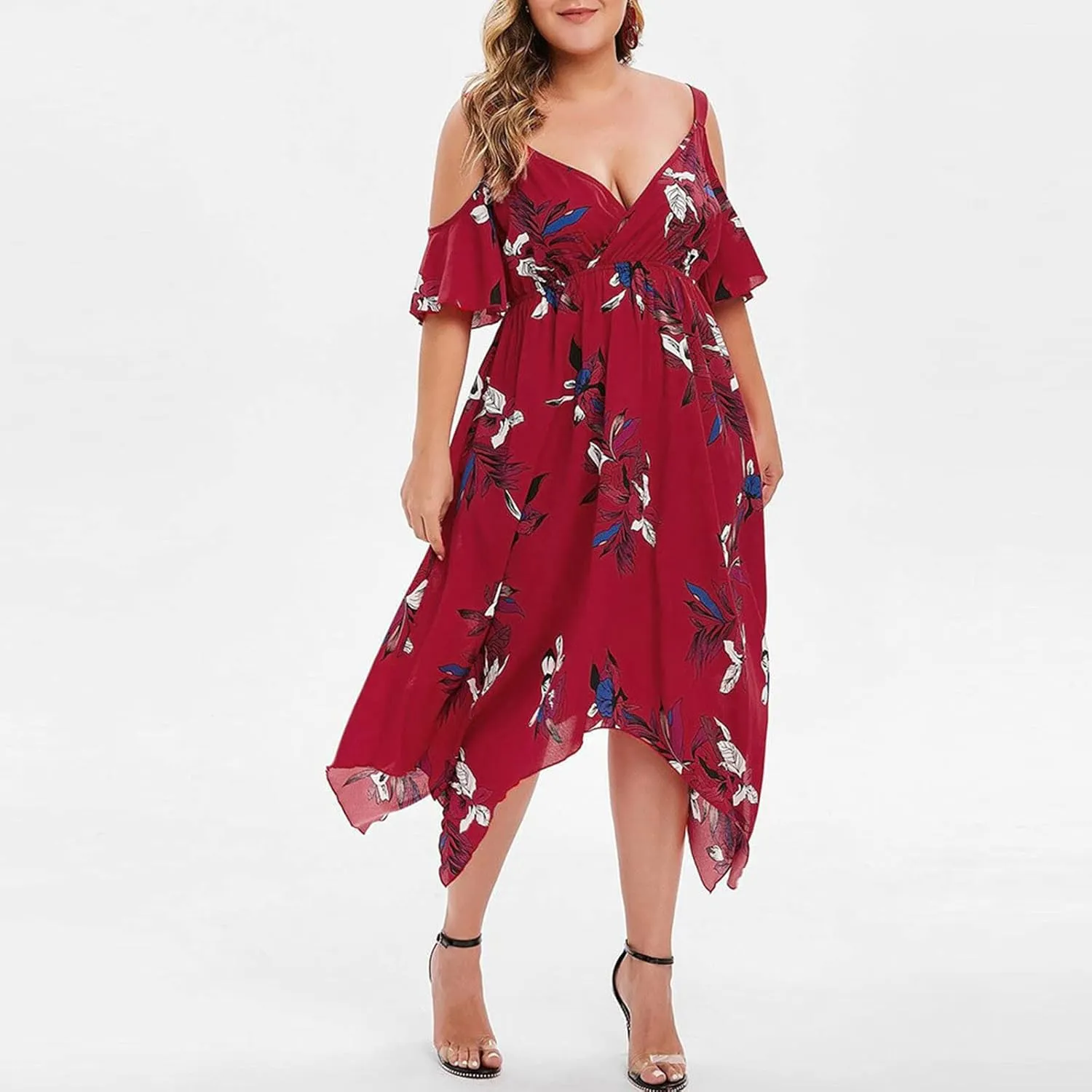 Chiffon for Women Spaghetti Strap Short Sleeve Cold Shoulder Floral Midi Beach Hawaiian Dresses Women 2024