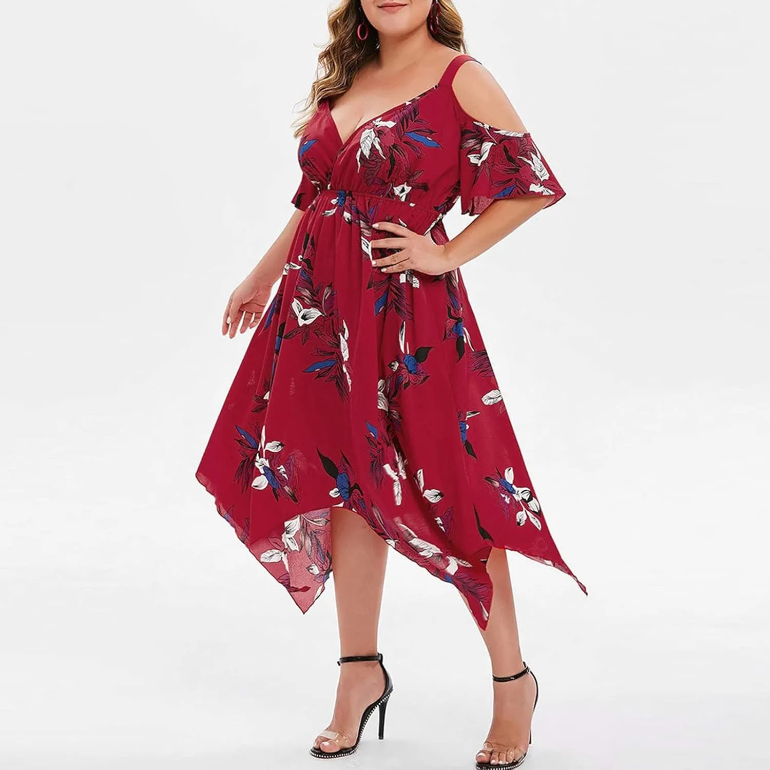 Chiffon for Women Spaghetti Strap Short Sleeve Cold Shoulder Floral Midi Beach Hawaiian Dresses Women 2024