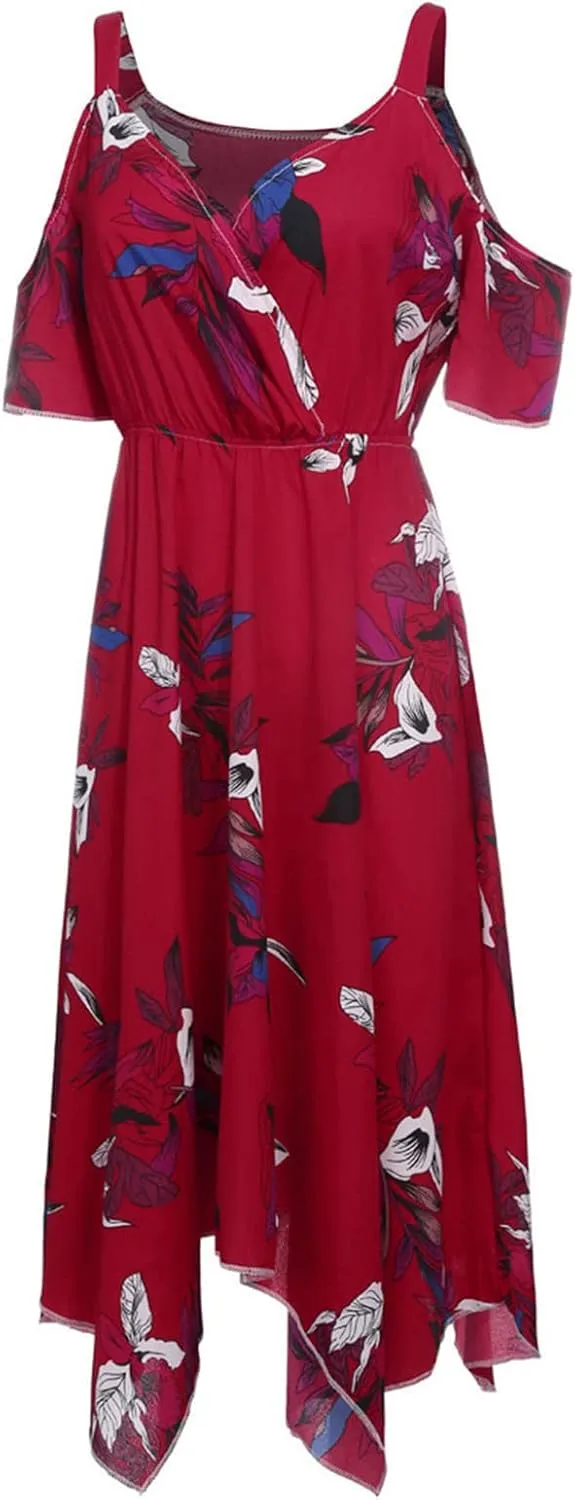 Chiffon for Women Spaghetti Strap Short Sleeve Cold Shoulder Floral Midi Beach Hawaiian Dresses Women 2024