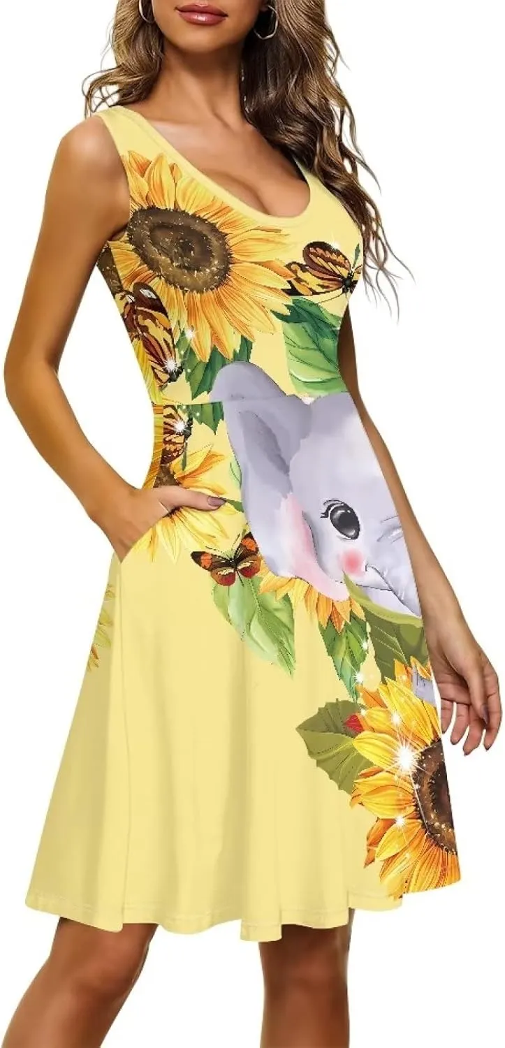 Coloranimal Women Dresses A Line Skater XS-4XL Plus Size Summer Sleeveless Casual Sundresses