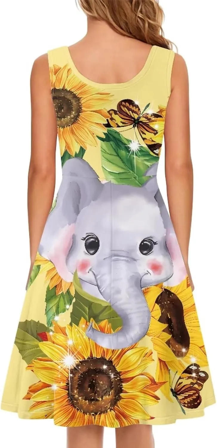 Coloranimal Women Dresses A Line Skater XS-4XL Plus Size Summer Sleeveless Casual Sundresses