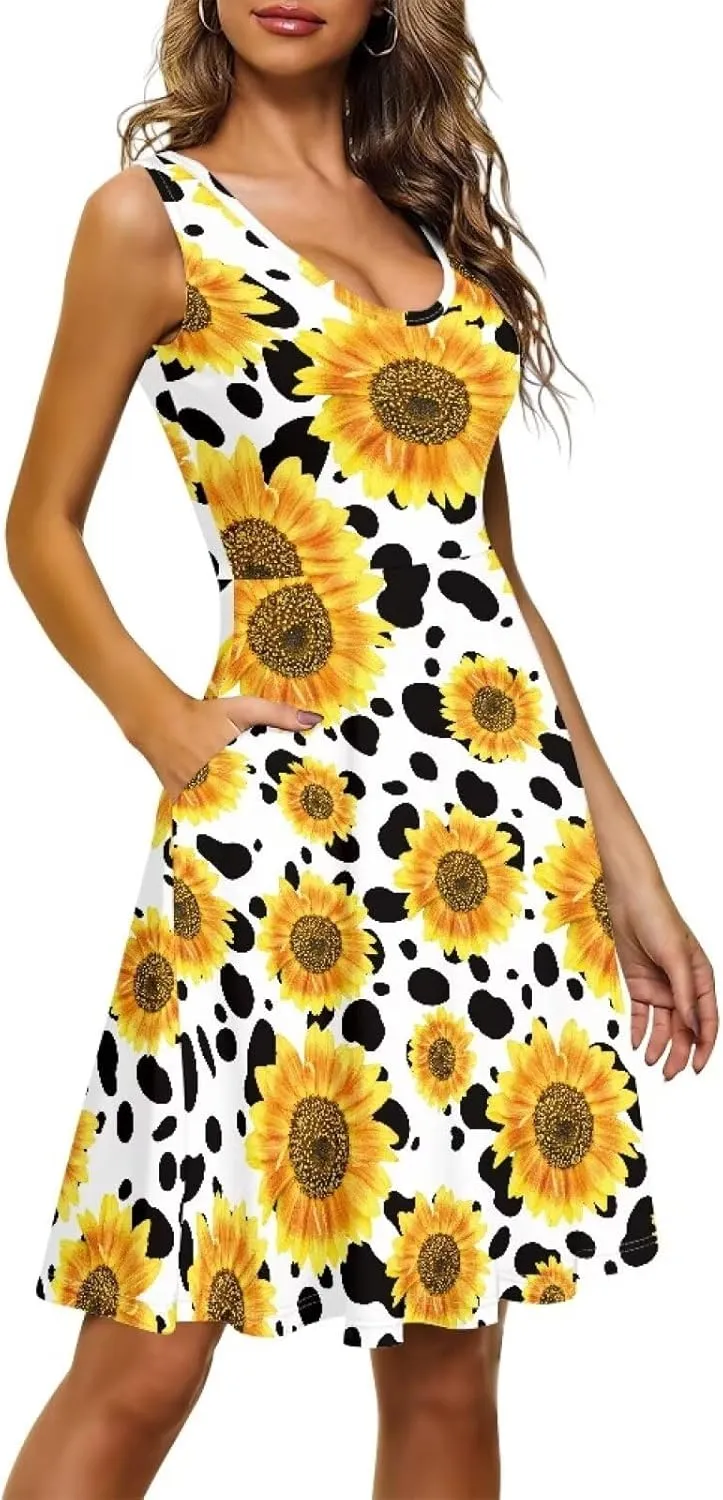Coloranimal Women Dresses A Line Skater XS-4XL Plus Size Summer Sleeveless Casual Sundresses