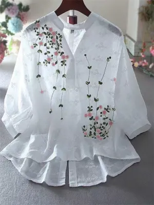 Comfy Cotton Rayon Blend Embroidery Asymmetric Loose Shirt