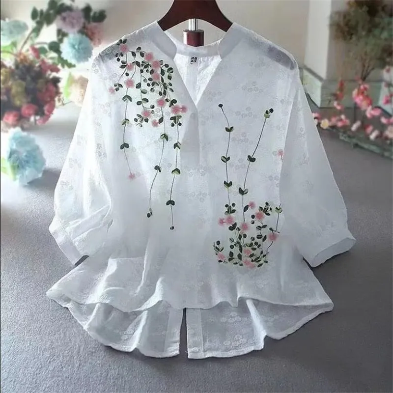 Comfy Cotton Rayon Blend Embroidery Asymmetric Loose Shirt