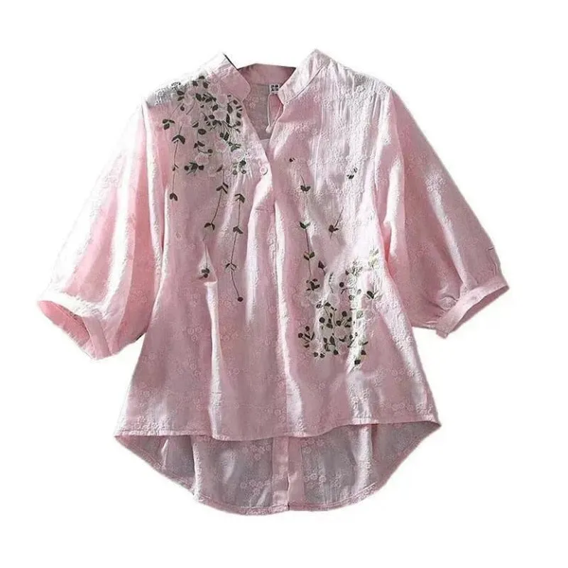 Comfy Cotton Rayon Blend Embroidery Asymmetric Loose Shirt