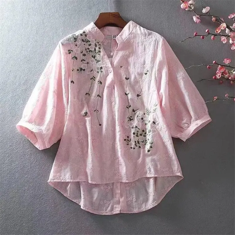 Comfy Cotton Rayon Blend Embroidery Asymmetric Loose Shirt